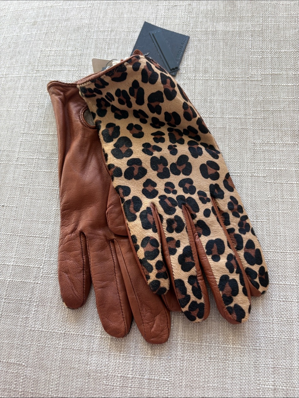 Club Monaco Brown Leather Gloves with Leopard Print Back